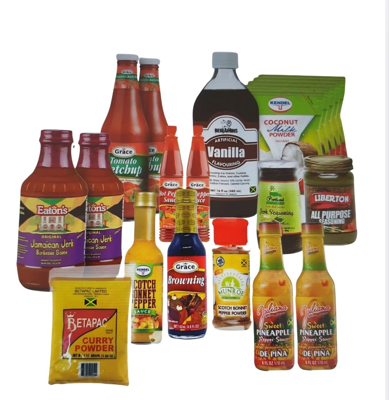 Grace pantry essentials box with coconut milk, corned beef, ackee, butter beans, sardines and jerk seasoning