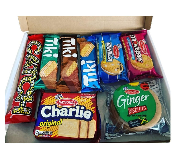 Caribbean biscuit box open showing Tiki wafers, National Charlie, Ginger Biscuits and sandwich cookies