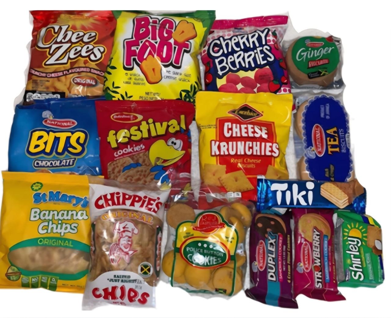 Caribbean snacks box with Chee Zees, Big Foot, Cherry Berries, Cheese Krunchies, Banana Chips and more