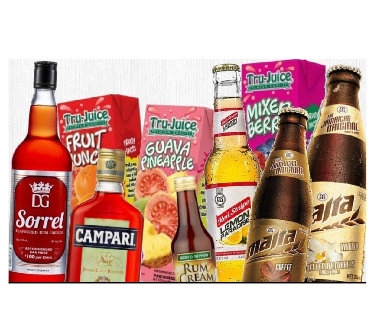 Jamaican seasonings and sauces box contents including Eaton's Jerk Sauce, Grace Ketchup, scotch bonnet pepper sauce and more
